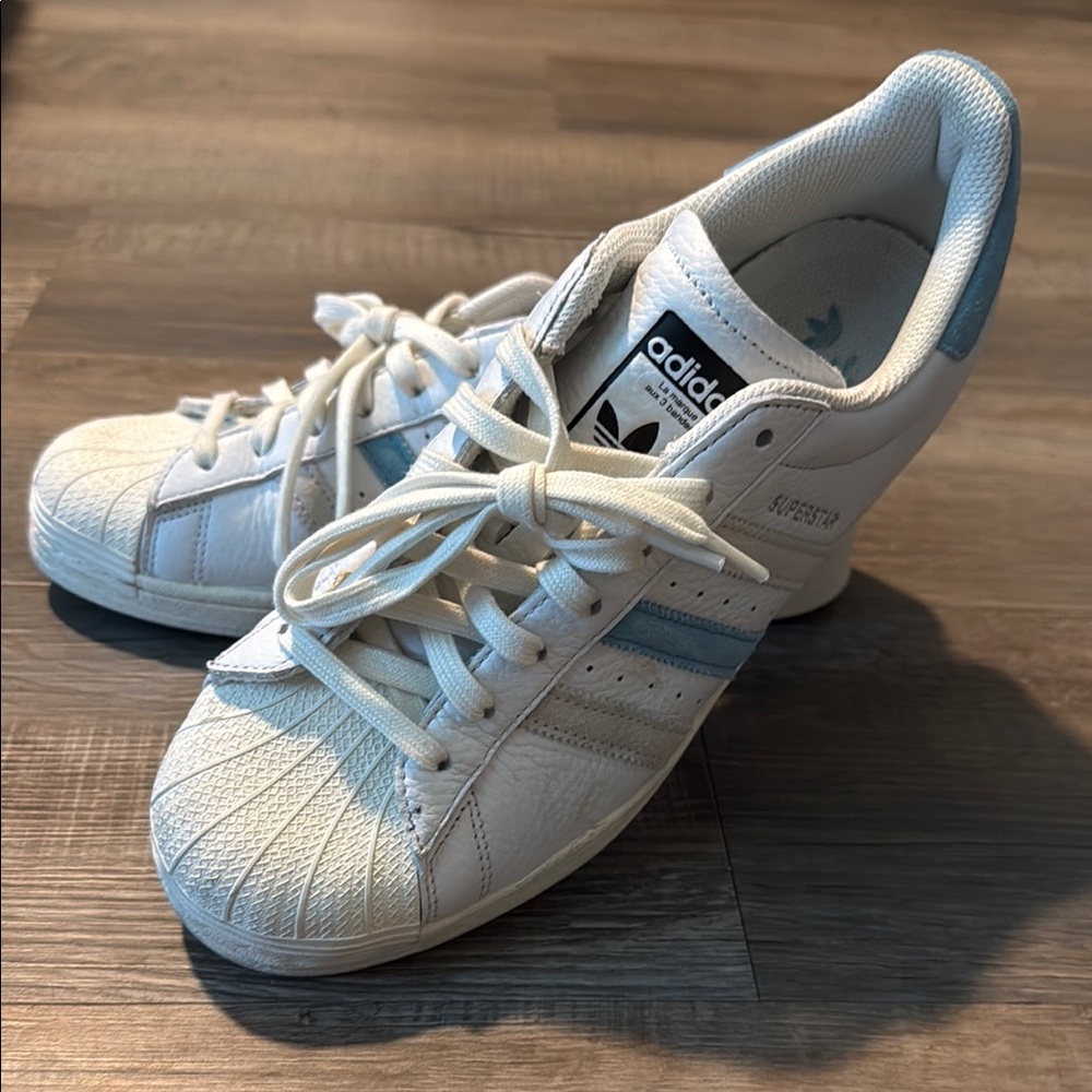 Adidas Classic White and Light Blue Sneakers